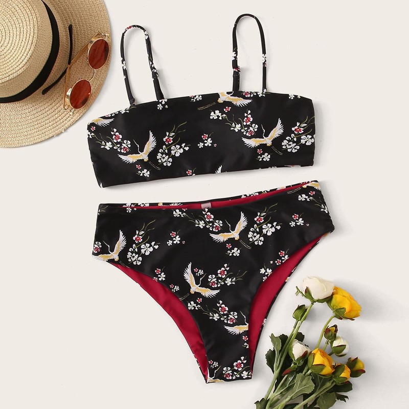 

Crane & Floral Random Print High Waist Bikini Set, Black