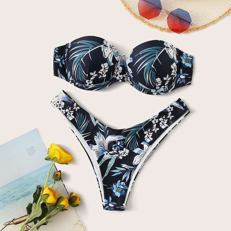 

Floral Random Print Bandeau With High Cut Bikini, Multicolor