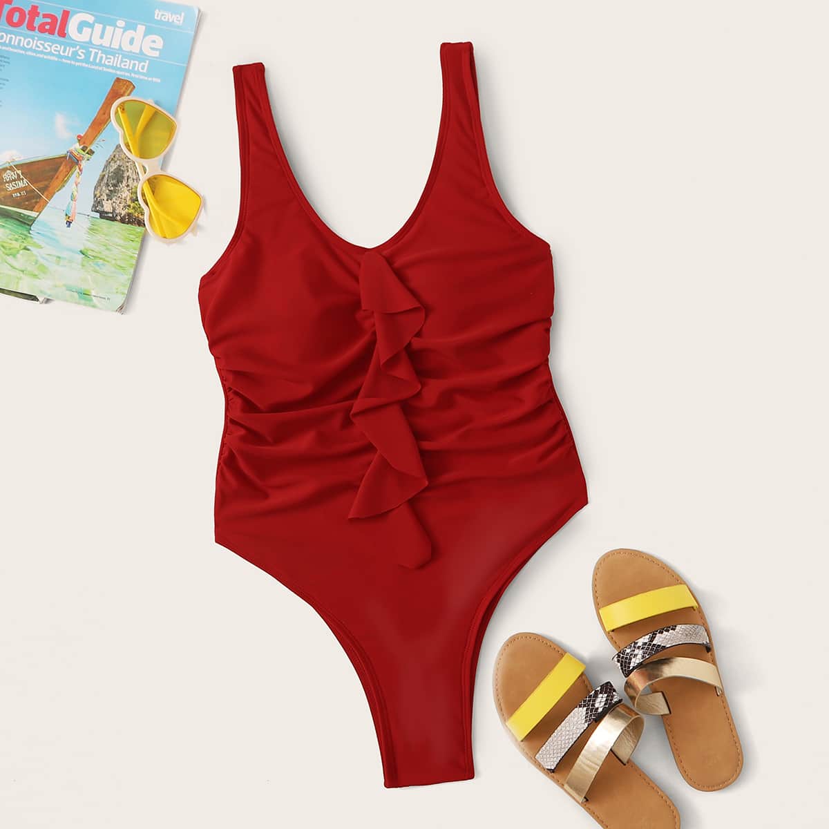 

Ruched Ruffle One Piece Swimwear, Red