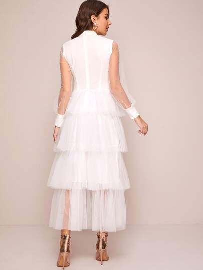 鎖孔領珍珠串珠網紗覆蓋多層下擺連衣裙