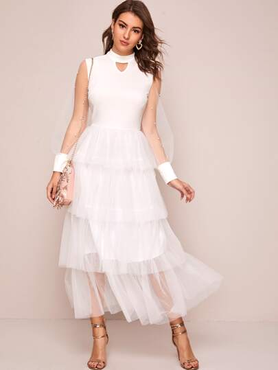 鎖孔領珍珠串珠網紗覆蓋多層下擺連衣裙