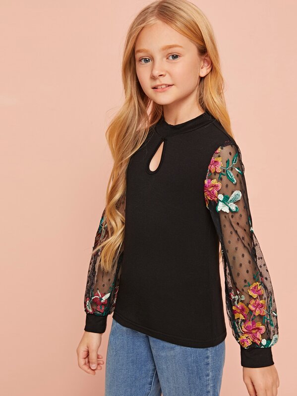 

Girls Floral Embroidered Dot Mesh Sleeve Top, Black, Arina