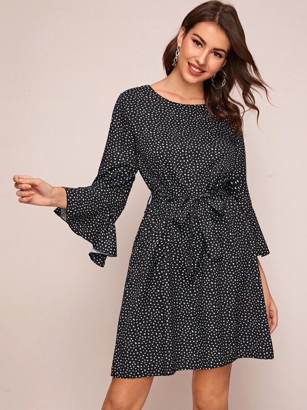 

Dalmatian Print Flounce Sleeve Belted Dress, Black, MARTINA