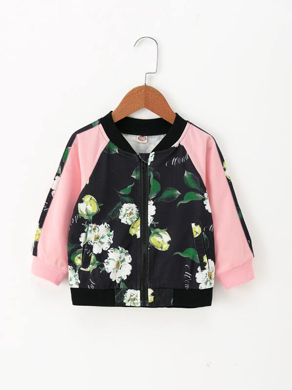 

Toddler Girls Contrast Sleeve Floral Bomber Jacket, Multicolor