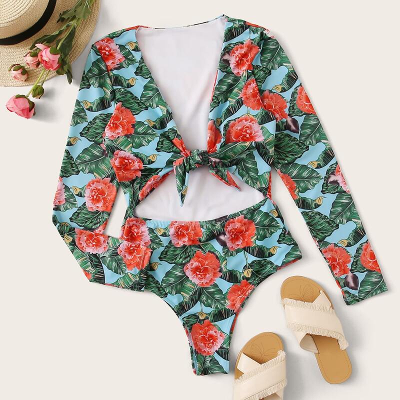 

Floral & Palm Print Knot Front One Piece Swimsuit, Multicolor