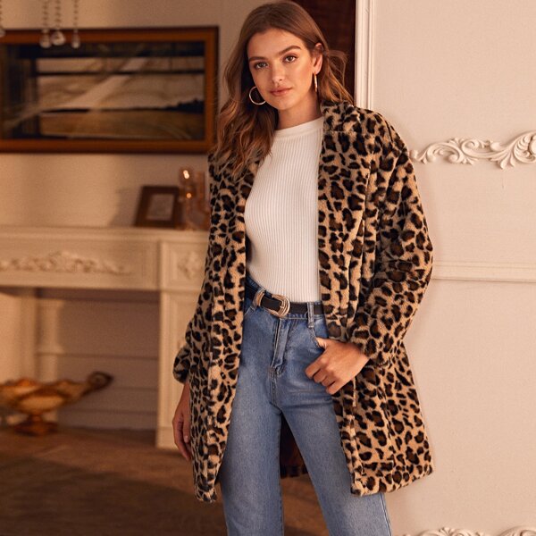 

Leopard Print Pocket Side Teddy Coat, Multicolor