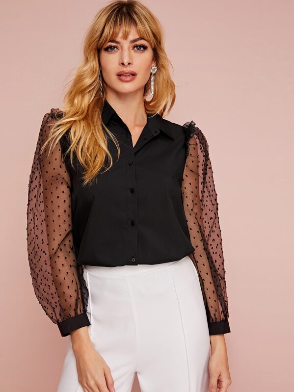 

Swiss Dot Contrast Mesh Button Up Blouse, Black, Masha