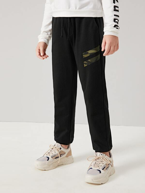 

Boys Camo Panel Drawstring Waist Joggers, Black, Misha O