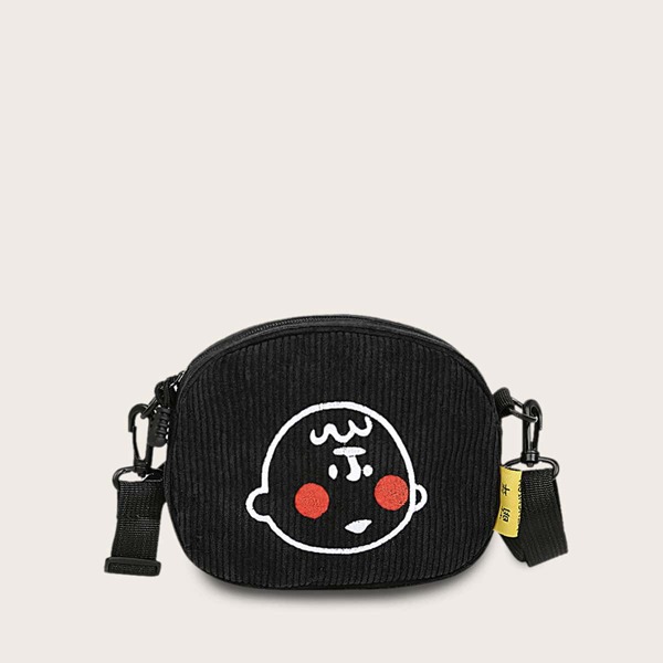 

Girls Cartoon Embroidered Corduroy Crossbody Bag, Black