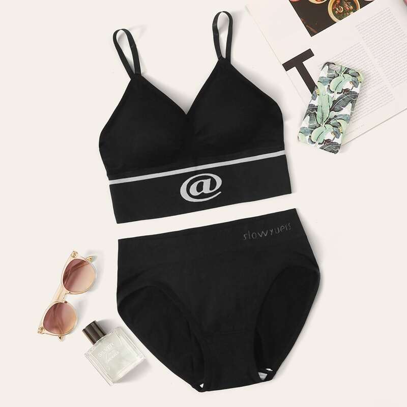 

Letter Graphic Adjustable Strap Lingerie Set, Black