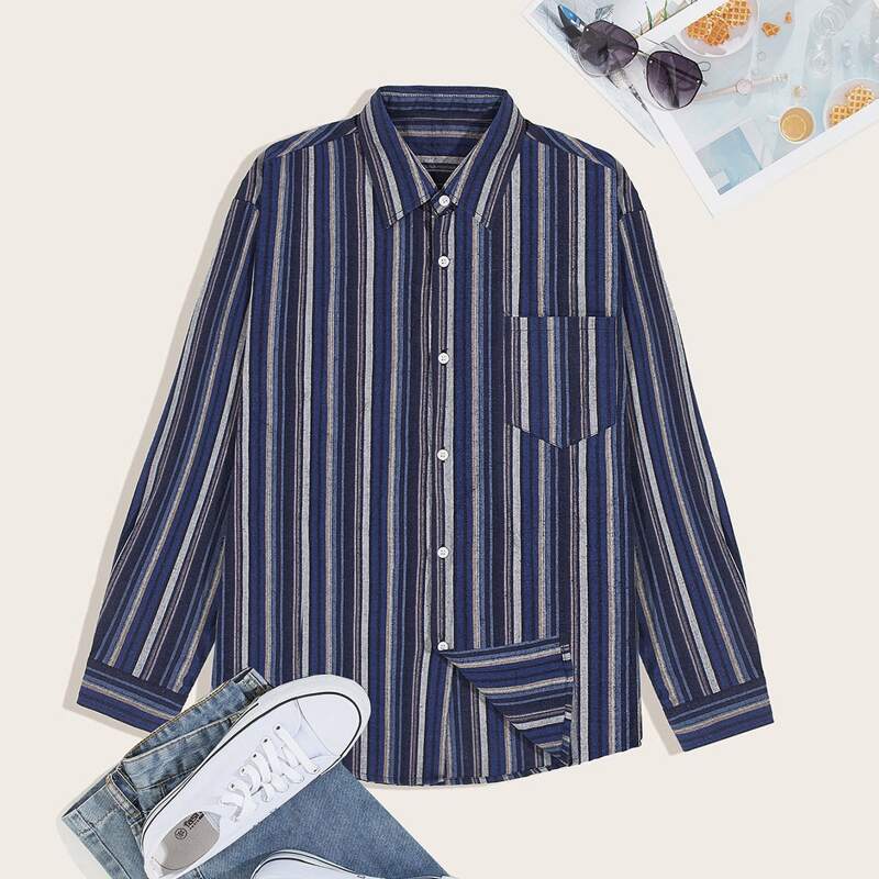 

Guys Striped Pocket Front Button Up Shirt, Navy