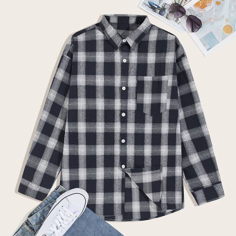 

Guys Plaid Pocket Front Button Up Shirt, Multicolor