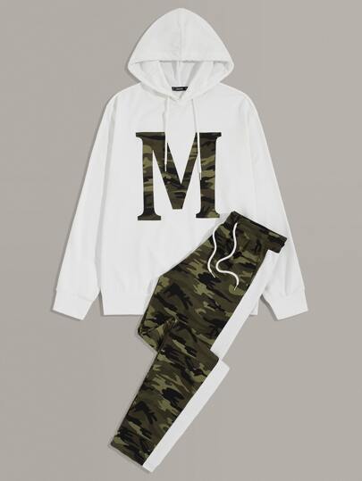 SHEIN Men Letter Graphic Hoodie and Camo Sweatpants Set