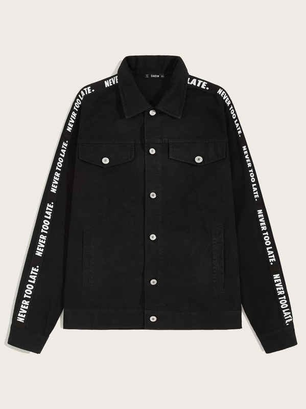 

Men Buttoned Front Letter Tape Sleeve Trucker Jacket, Black