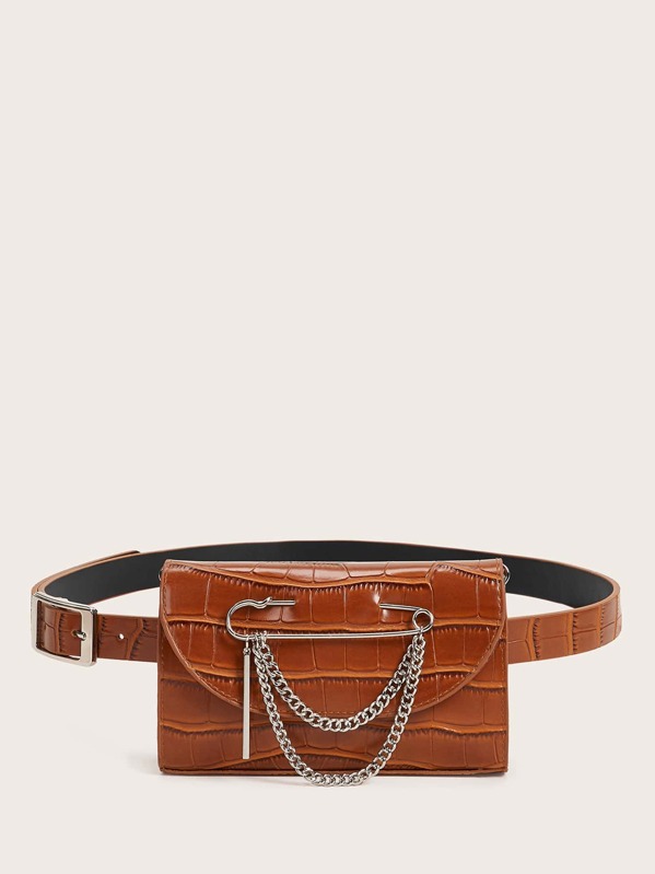 

Metal Chain Decor Croc Embossed Fanny Pack, Brown