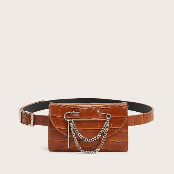 

Metal Chain Decor Croc Embossed Fanny Pack, Brown