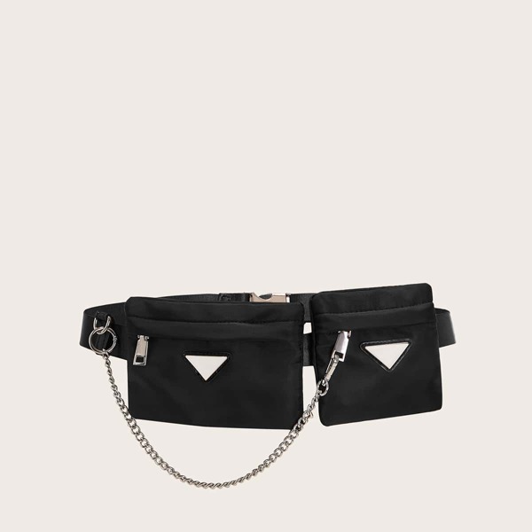 

Metal Chain Decor Geometric Pattern Fanny Pack, Black