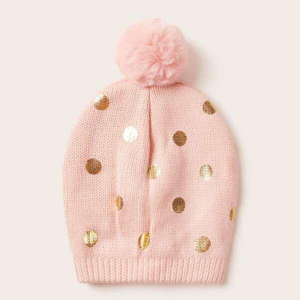 

Baby Polka Dot Pattern Pom Pom Decor Beanie, Pink
