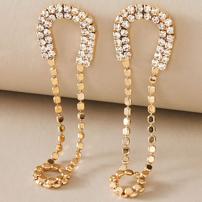 

1pair Rhinestone Engraved Paper Clip Drop Earrings, Gold