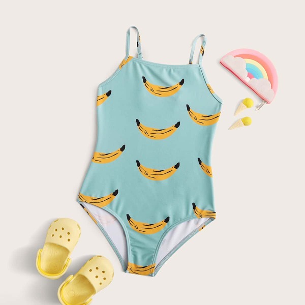 

Girls Banana Print One Piece Swimwear, Blue
