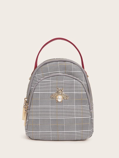 Faux Pearl Decor Houndstooth Satchel Bag