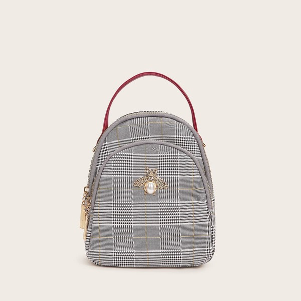 

Faux Pearl Decor Houndstooth Satchel Bag, Multicolor