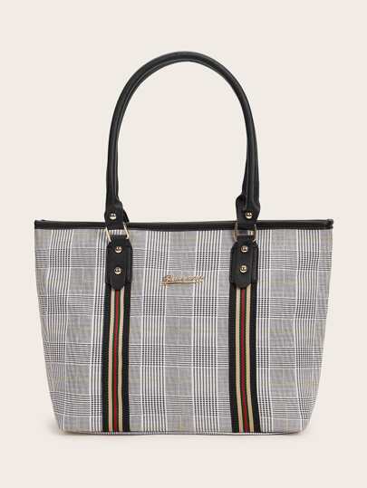 Striped Detail Houndstooth Tote Bag