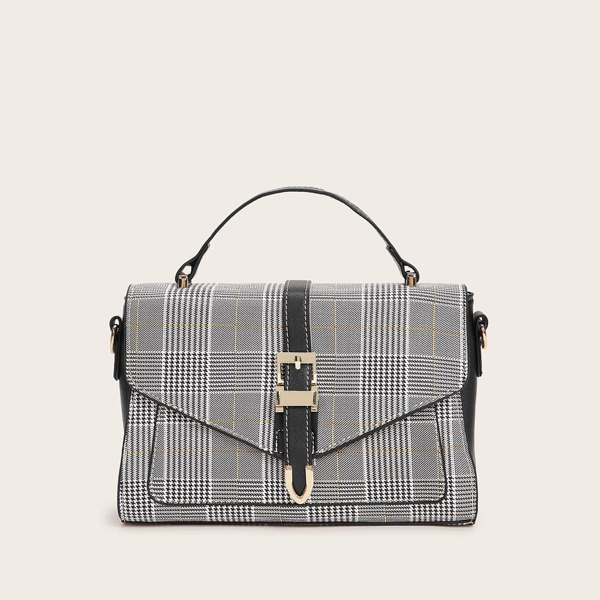 

Buckle Decor Houndstooth Flap Satchel Bag, Multicolor