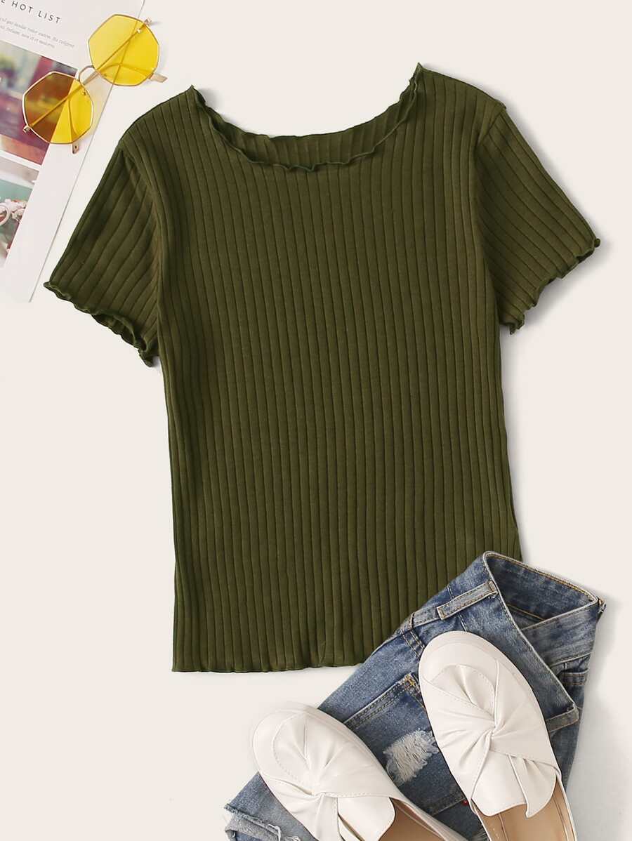 SHEIN EZwear Lettuce Trim Rib-knit Tee - Army Green - View 1
