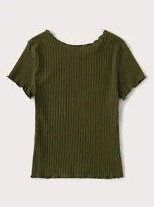 SHEIN EZwear Lettuce Trim Rib-knit Tee - Army Green - View 2