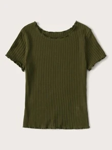 SHEIN EZwear Lettuce Trim Rib-knit Tee - Army Green - View 3
