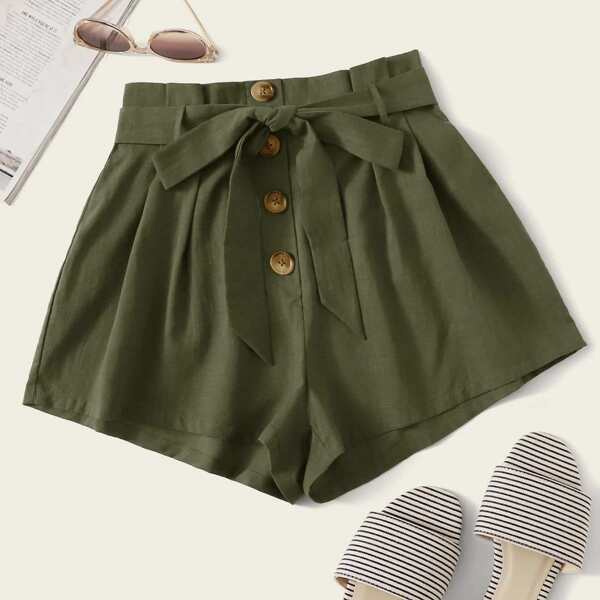 

Paperbag Waist Belted Button Front Shorts, Army green