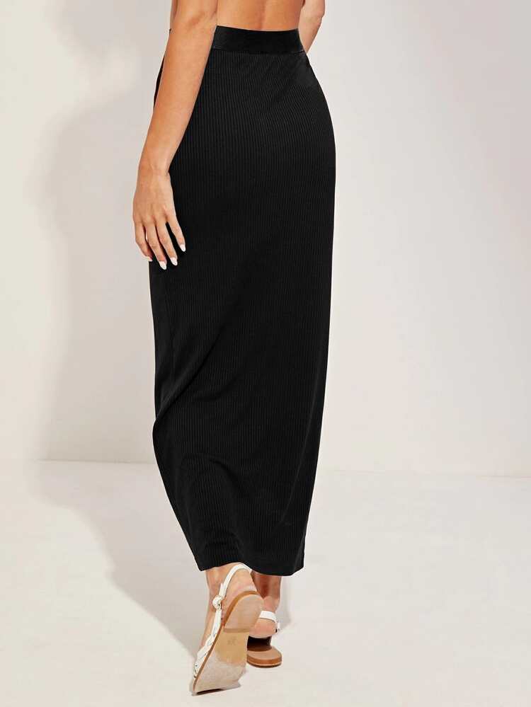 SHEIN Essnce Wide Band Waist Rib-knit Pencil Skirt - Black - View 2