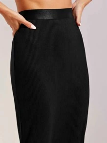 SHEIN Essnce Wide Band Waist Rib-knit Pencil Skirt - Black - View 4