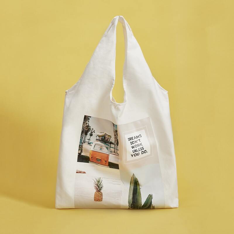 

Slogan Graphic Canvas Tote Bag, White