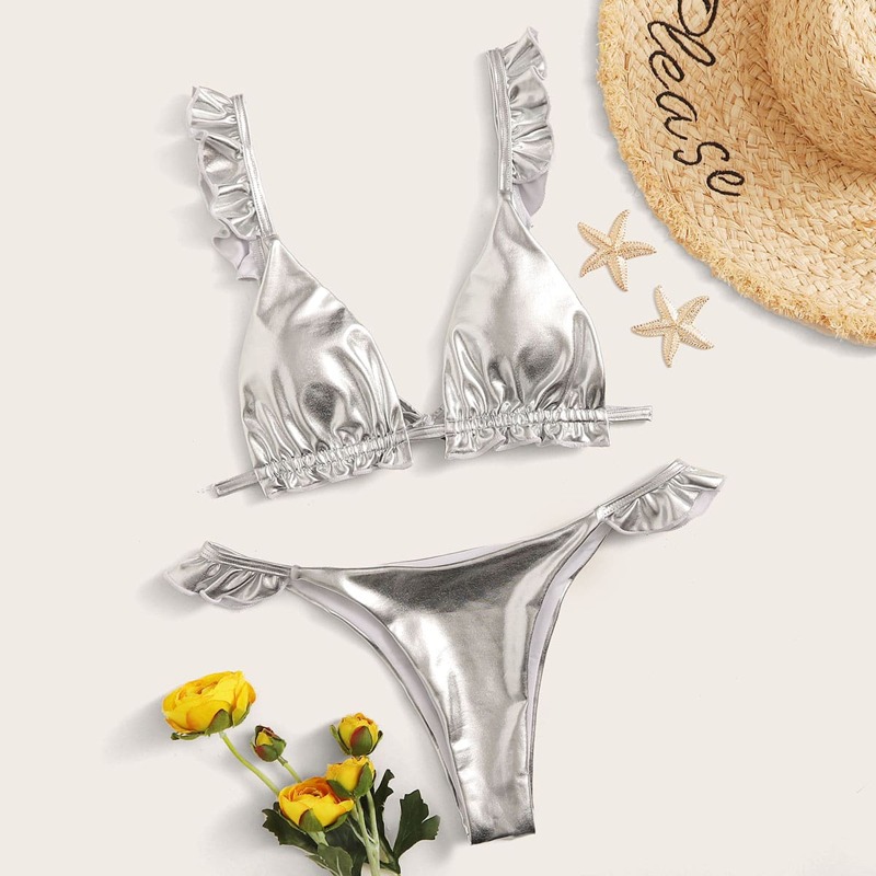 

Metallic Ruffle Hem Thong Bikini Set, Grey