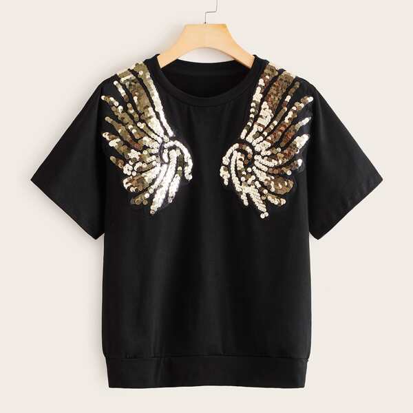 

Contrast Sequin Wings Pattern Tee, Black