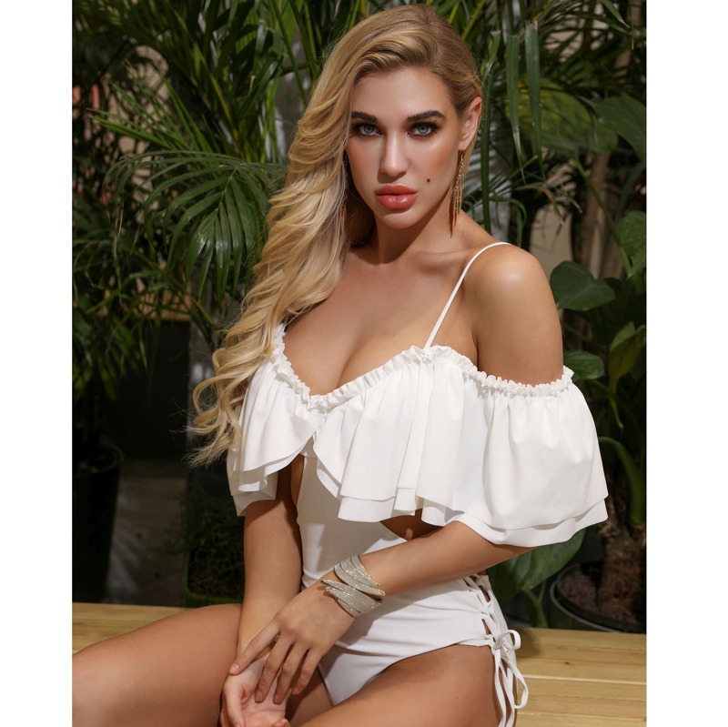 

Exaggerated Ruffle Lace-up One Piece Swimsuit, White