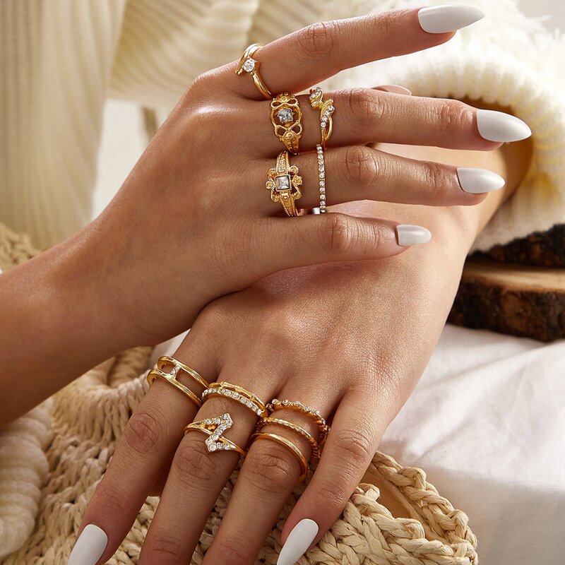 

11pcs Rhinestone Decor Ring, Gold