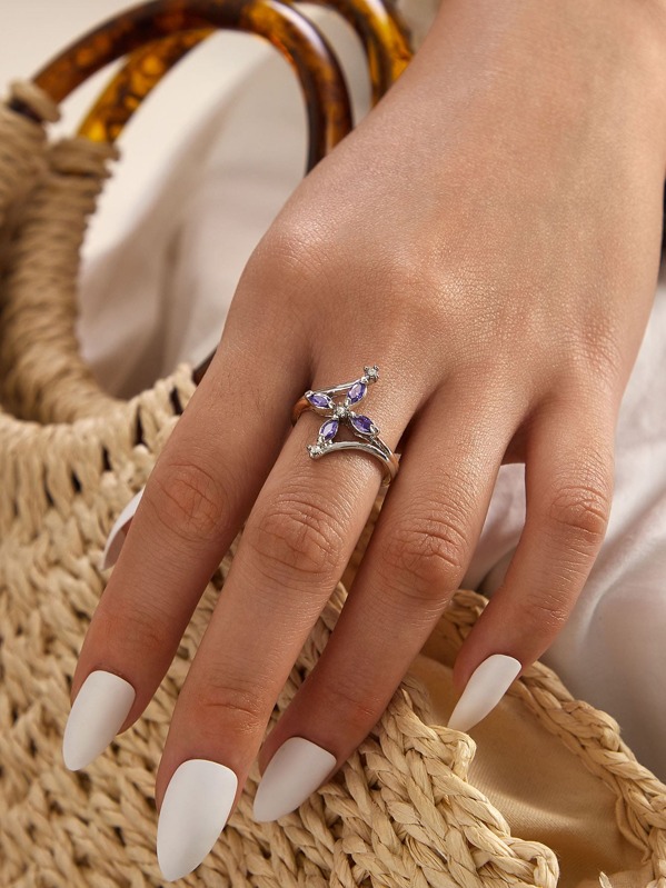 

1pc Rhinestone Engraved Flower Ring, Multicolor
