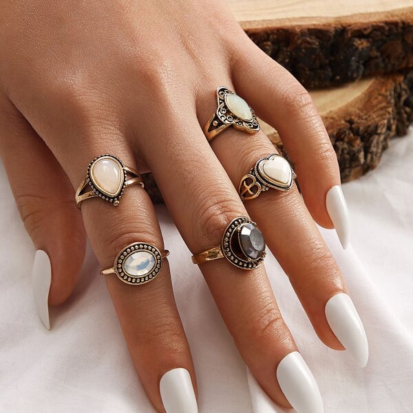 

5pcs Gemstone Engraved Rings Set, Multicolor