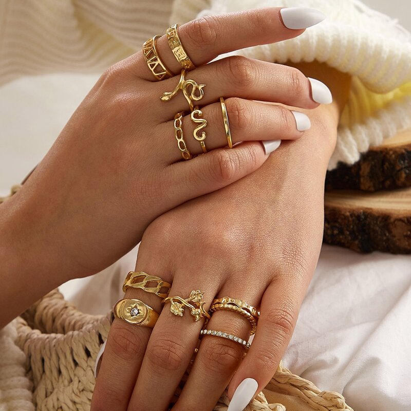 

12pcs Flower & Snake Decor Ring, Gold