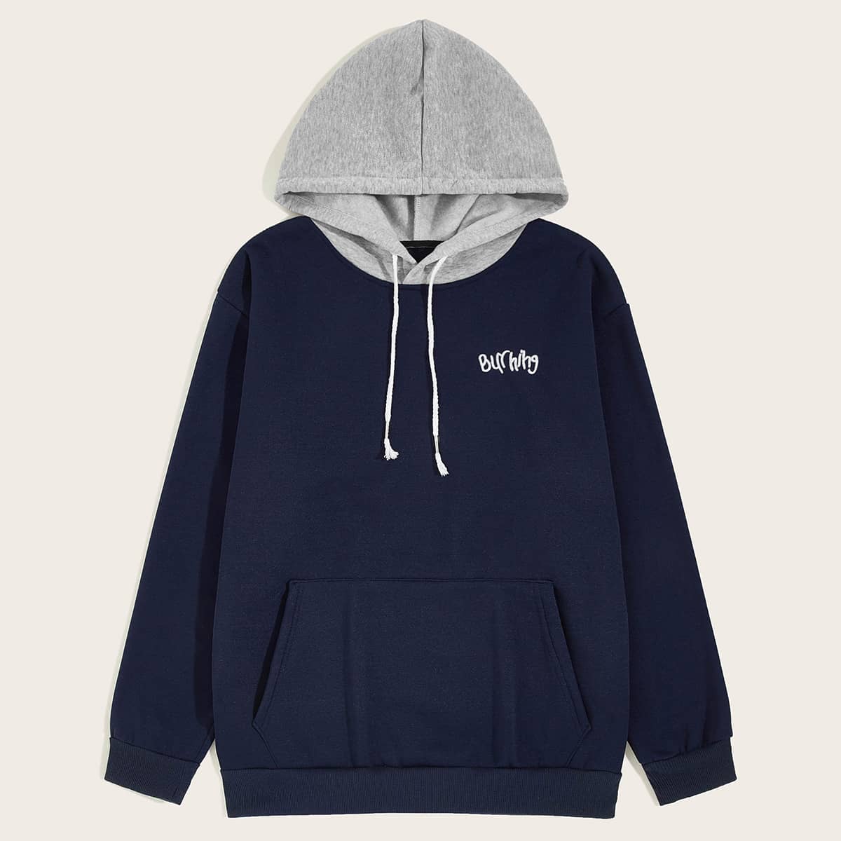 

Guys Letter Embroidery Drawstring Contrast Hoodie, Navy blue