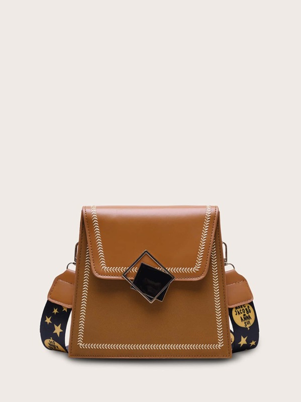 

Stitch Trim Geometric Decor Crossbody Bag, Brown