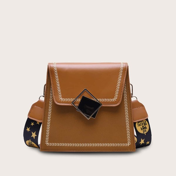 

Stitch Trim Geometric Decor Crossbody Bag, Brown