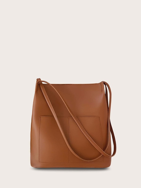 

Minimalist Pocket Side Tote Bag, Brown