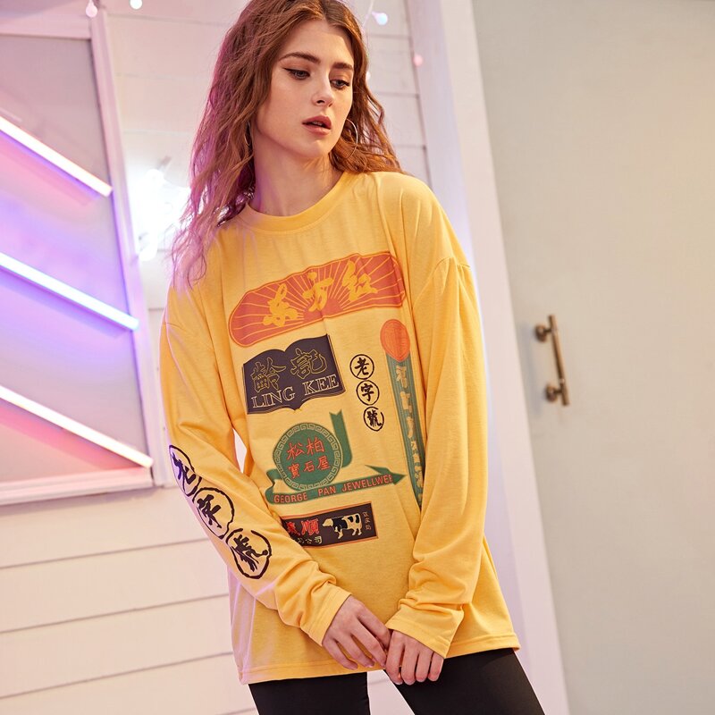 

Letter Graphic Long Sleeve Tee, Yellow