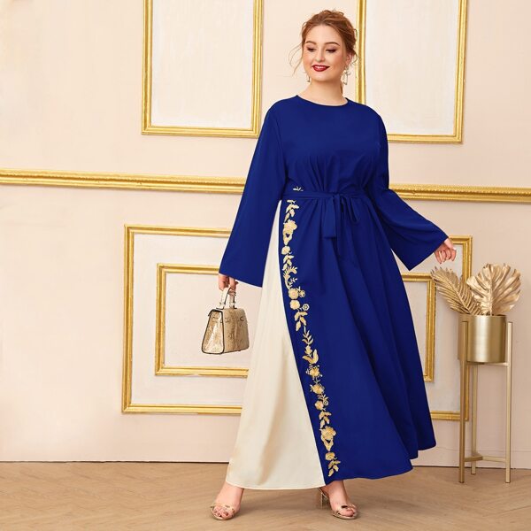 

Plus Floral Embroidered Contrast Panel Side Belted Dress, Royal blue