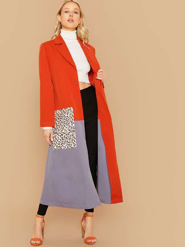 

Notched Collar Colorblock Leopard Print Coat, Multicolor, Allie Leggett