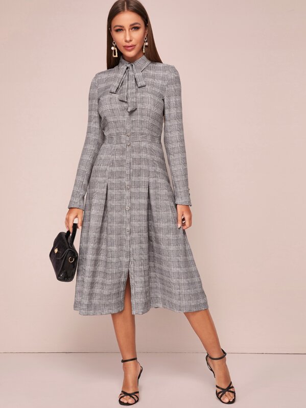 

Tie Neck Plaid Button Up Shirt Dress, Grey, Hanna